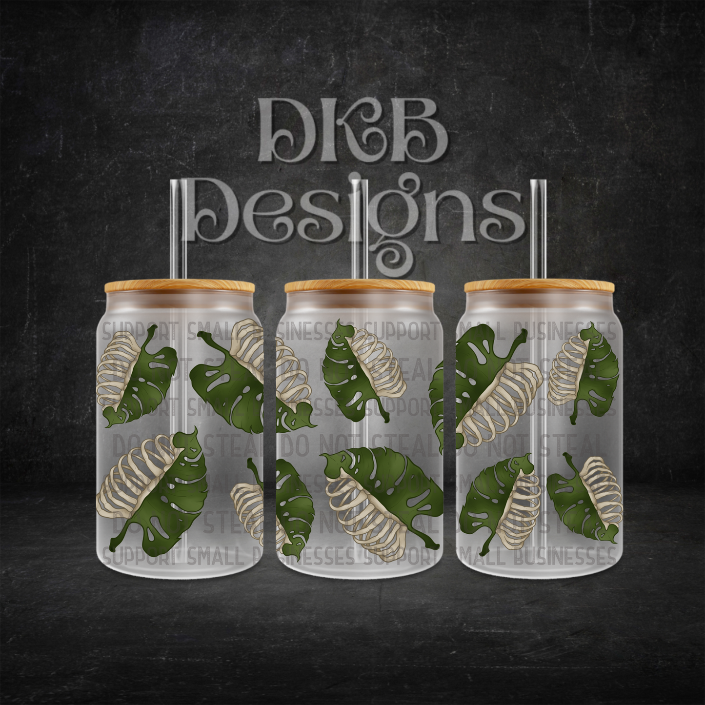 Monstera ribs 16oz glass can UV DTF