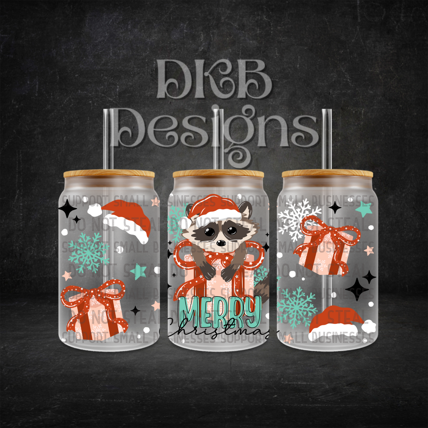 Raccoon merry Christmas 16oz glass can UV DTF