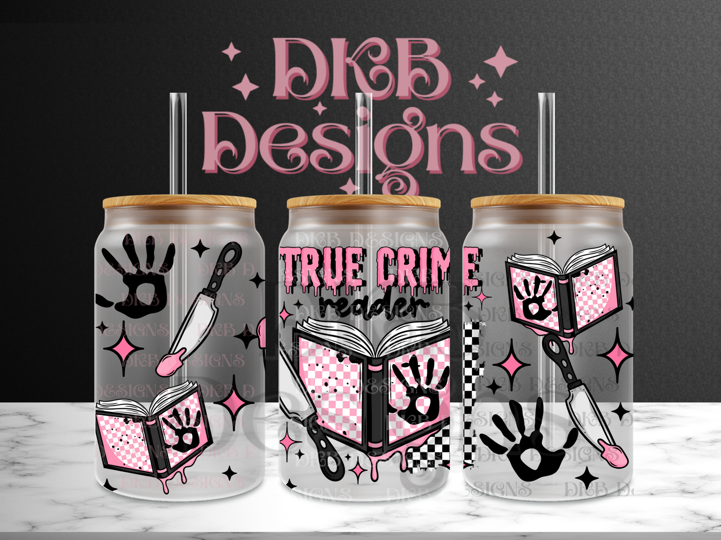 True crime 16oz glass can UV DTF
