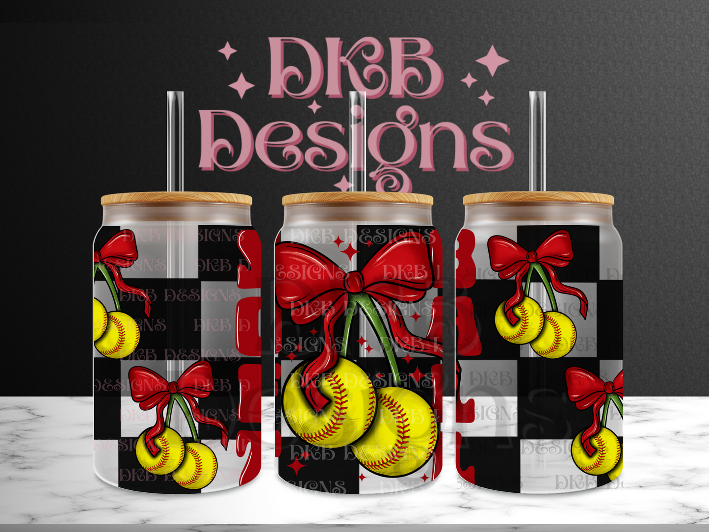 Softball black checker 16oz glass can UV DTF