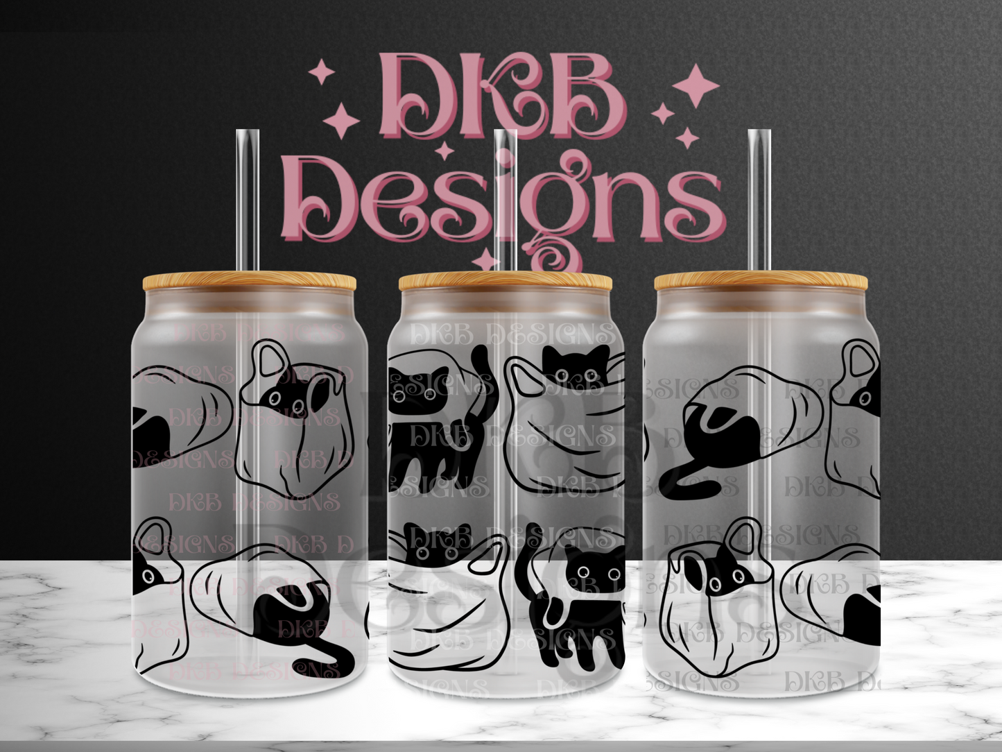 Cats and bags 16oz glass can UV DTF
