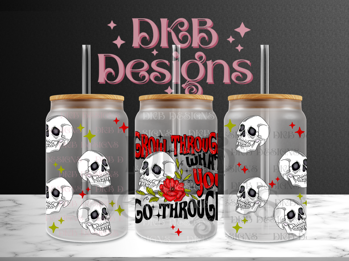 Grow through skulls 16oz glass can UV DTF