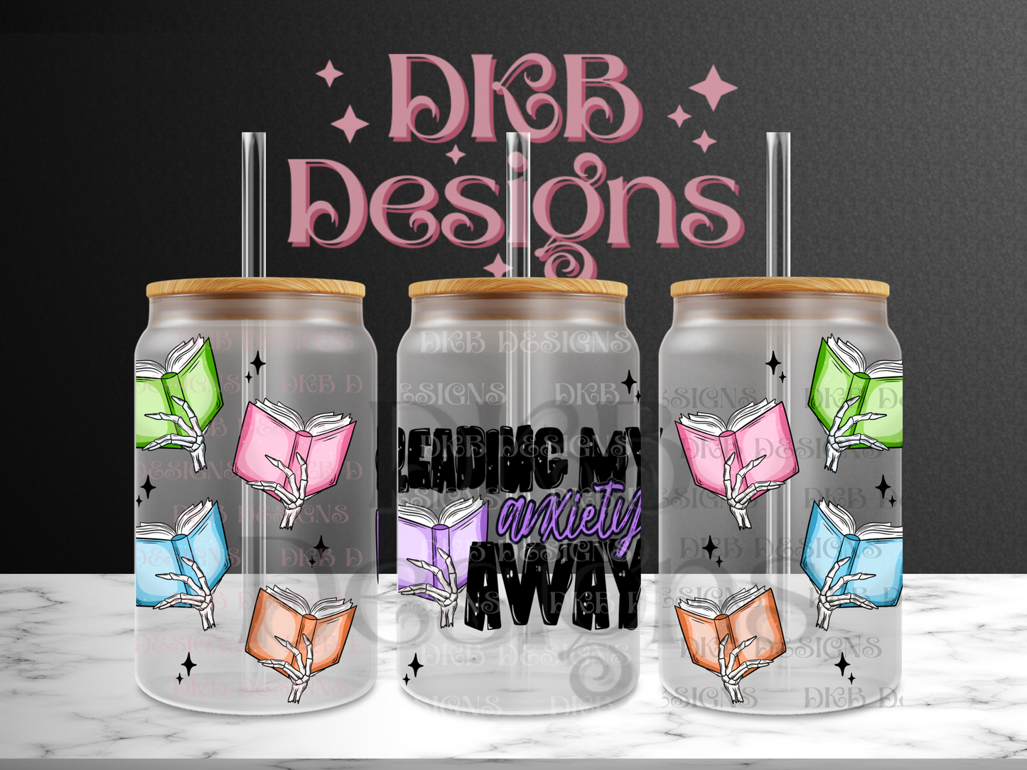 Reading my anxiety away 16oz glass can UV DTF