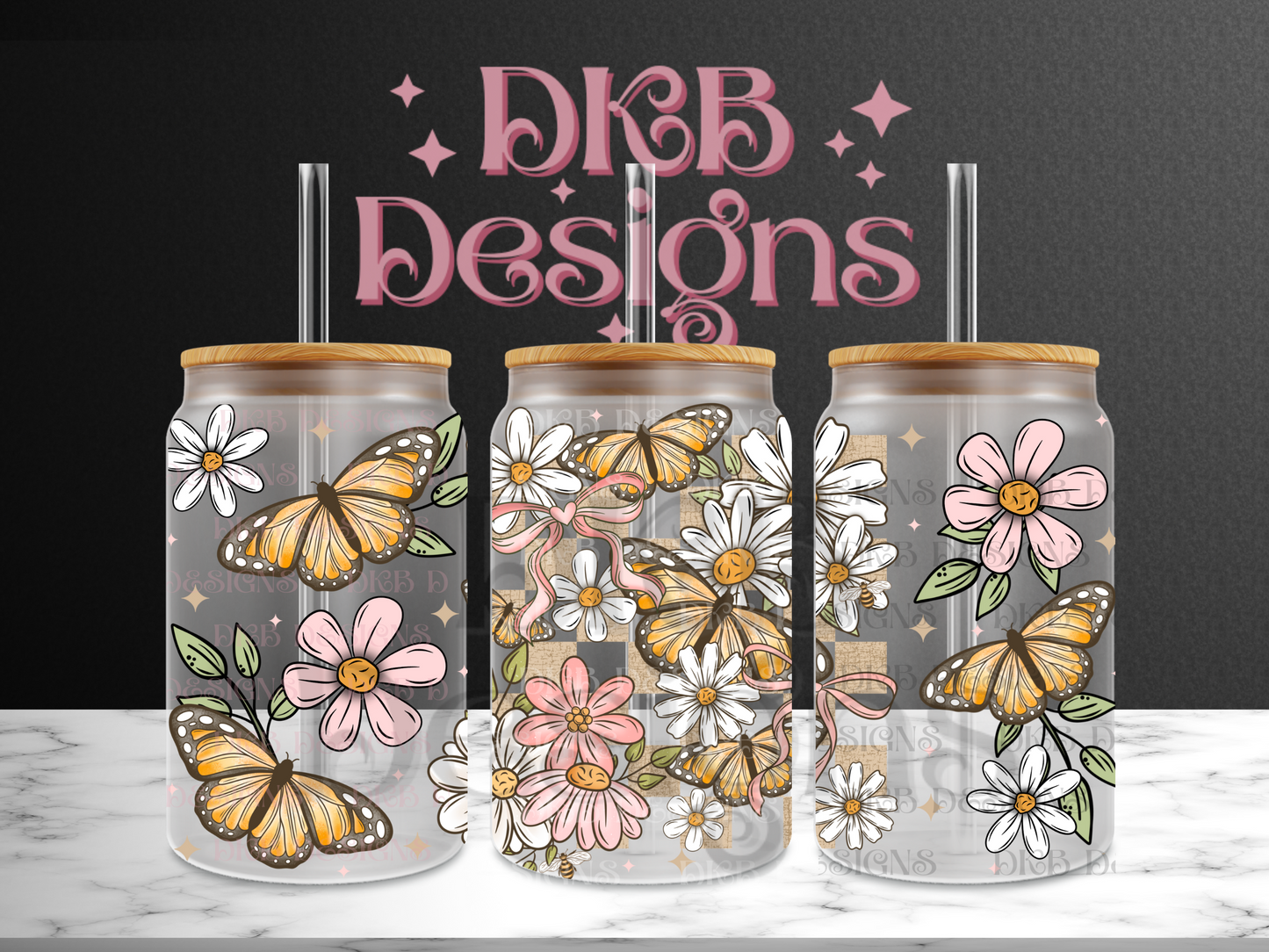 Butterflies and daisies 16oz glass can UV DTF