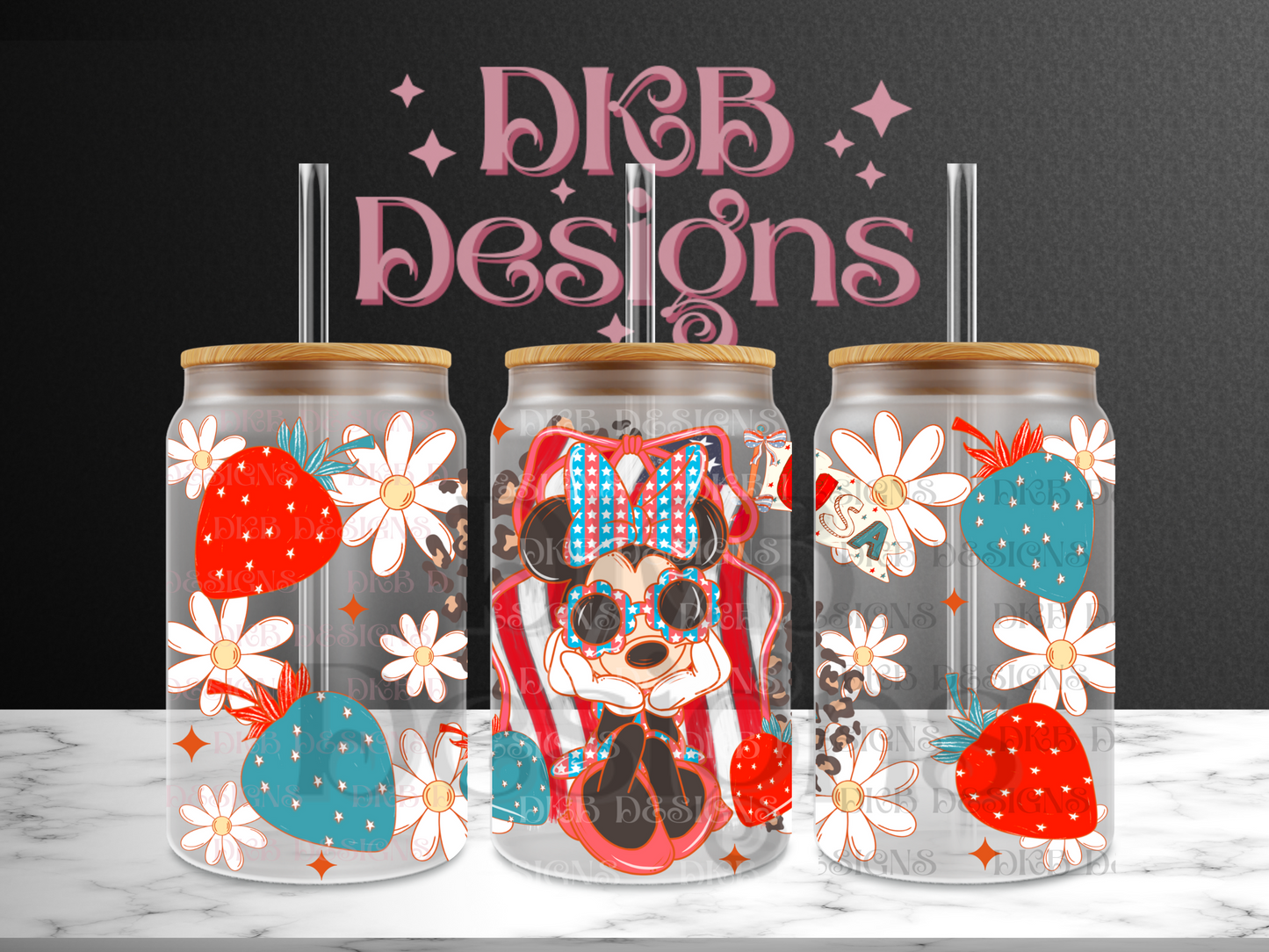 Red white and blue girl mouse 16oz glass can UV DTF