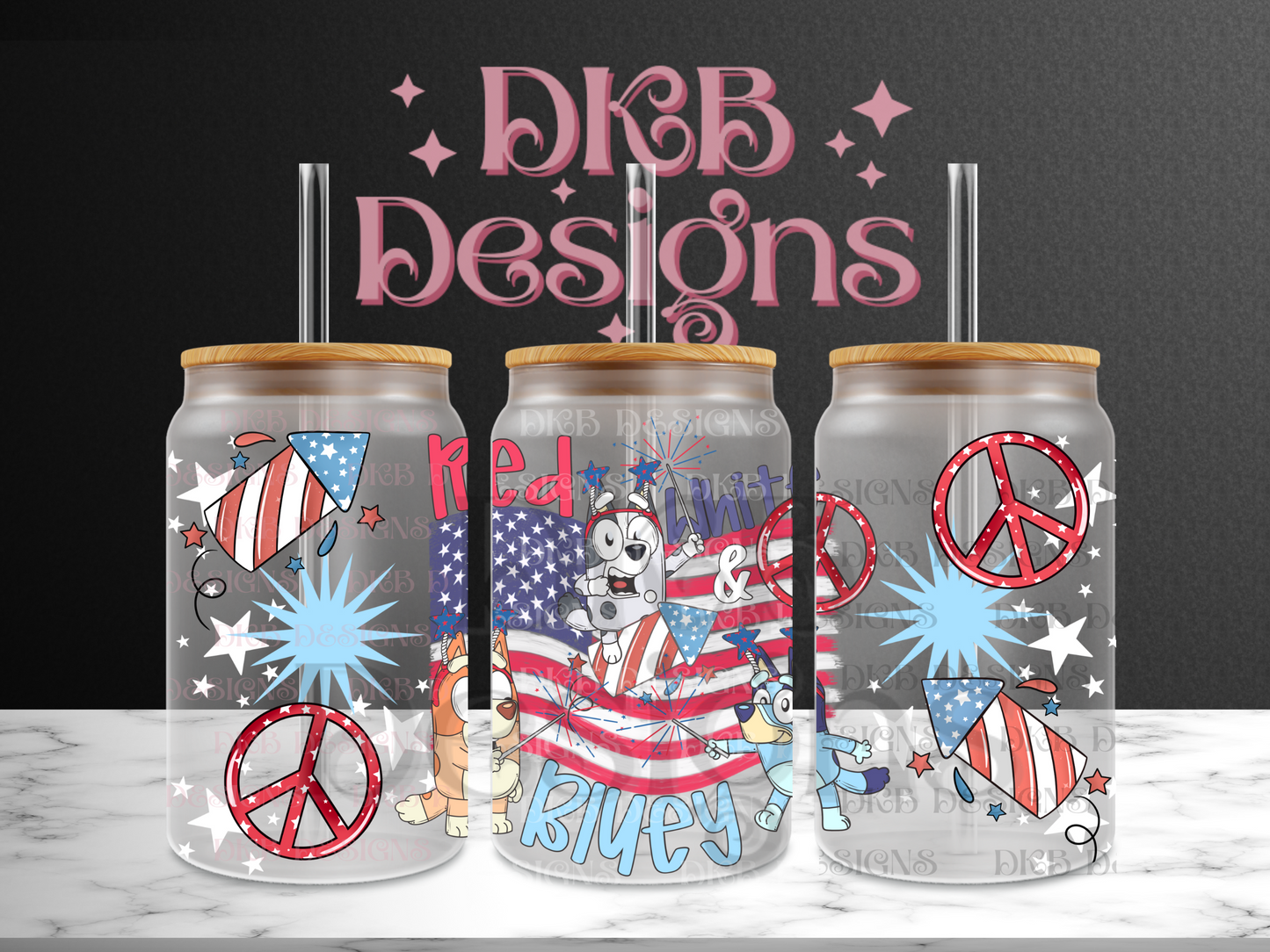Red white and blue dogs 16oz glass can UV DTF