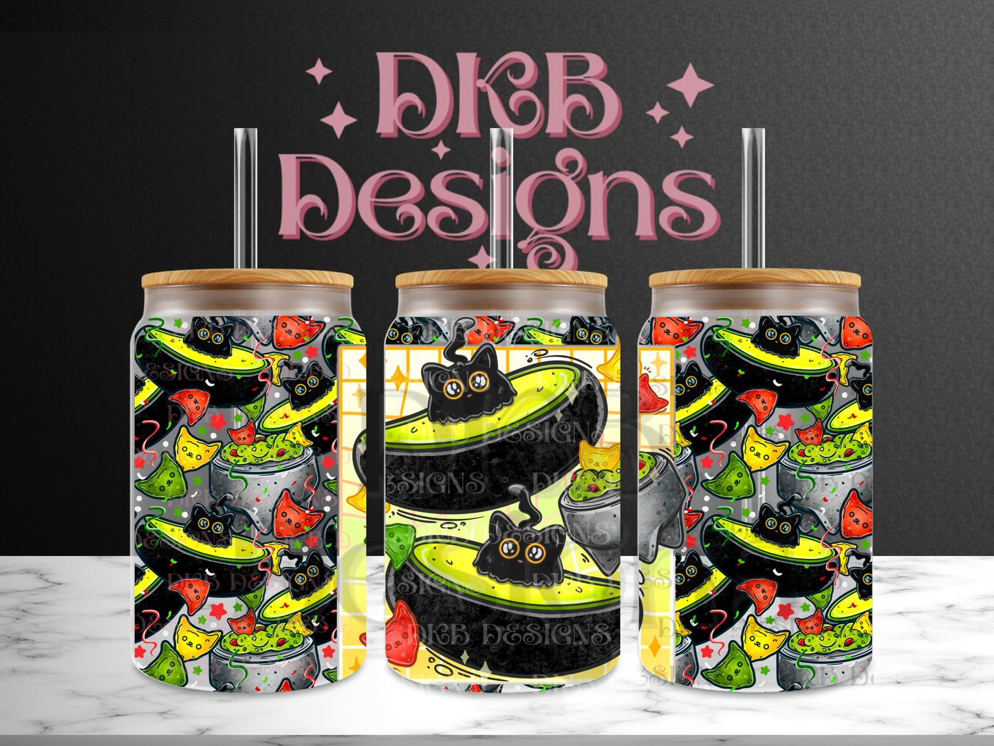 GuacoCat 16oz glass can UV DTF