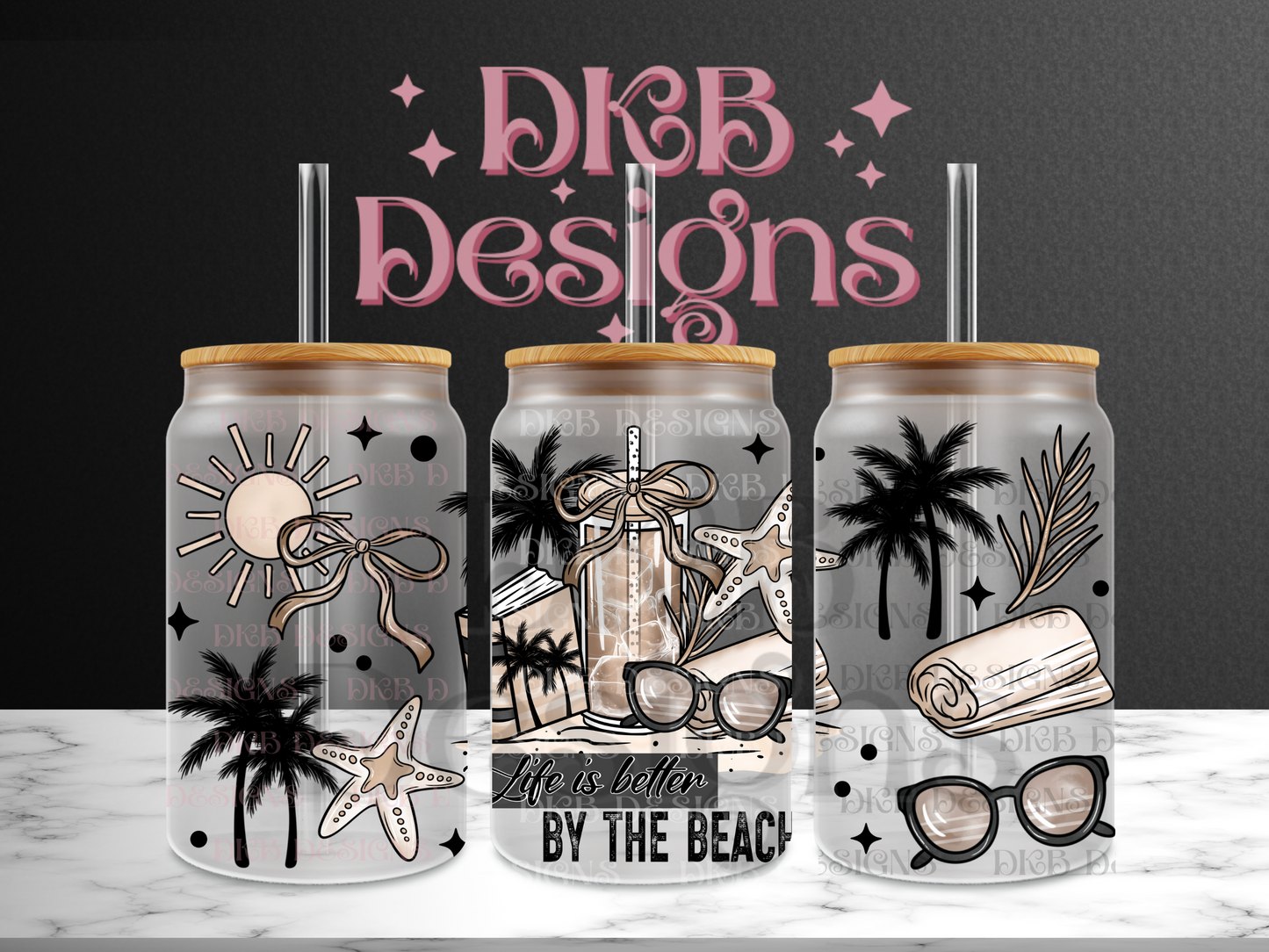 Life is better by the beach 16oz glass can UV DTF