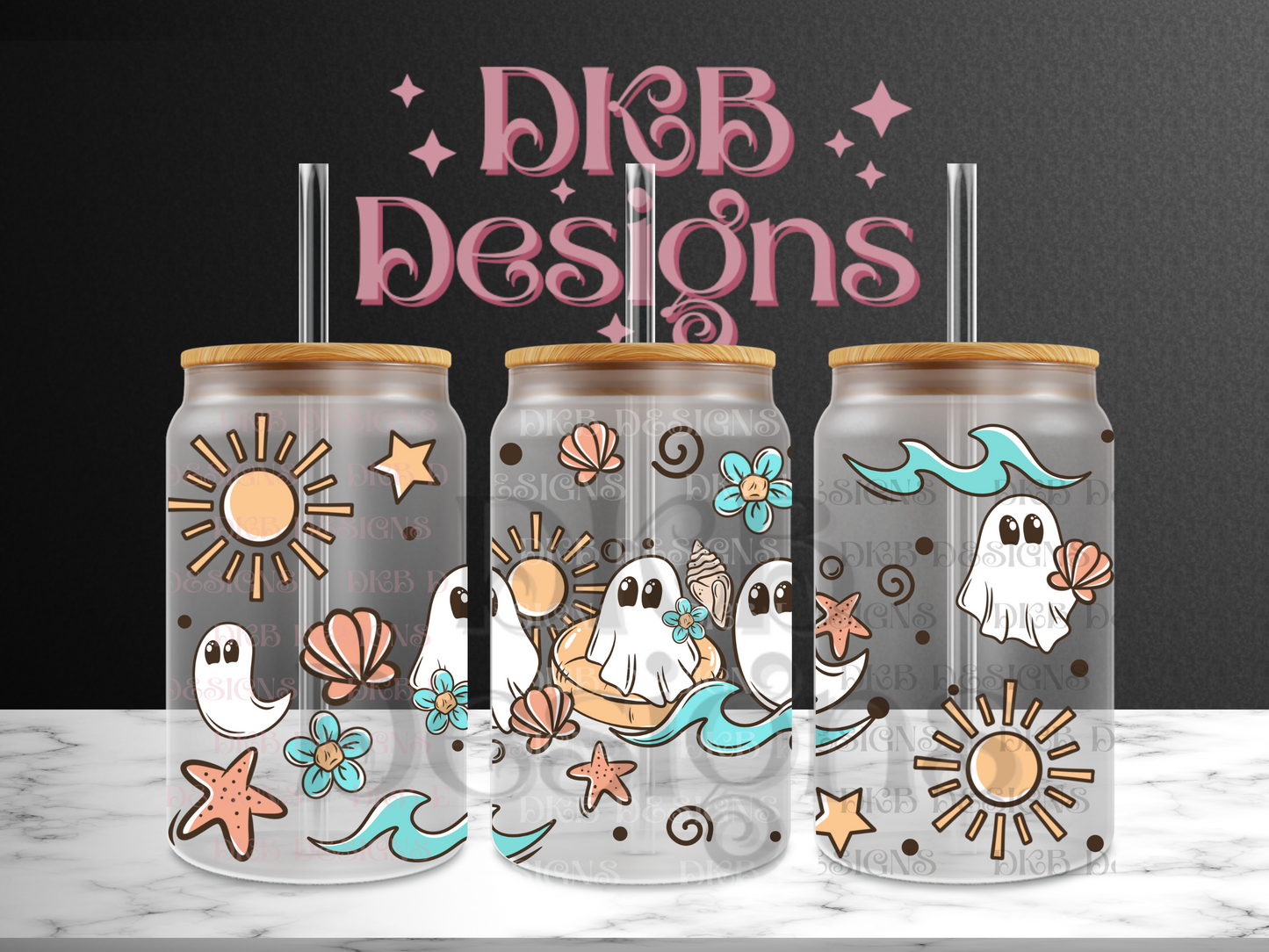 Beach ghosts 16oz glass can UV DTF
