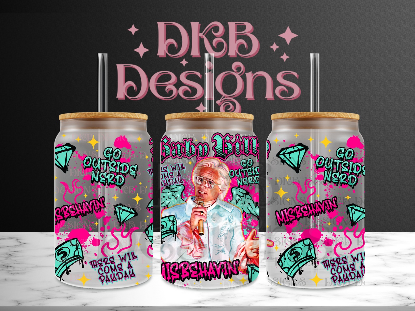 Misbehavin’ 16oz glass can UV DTF