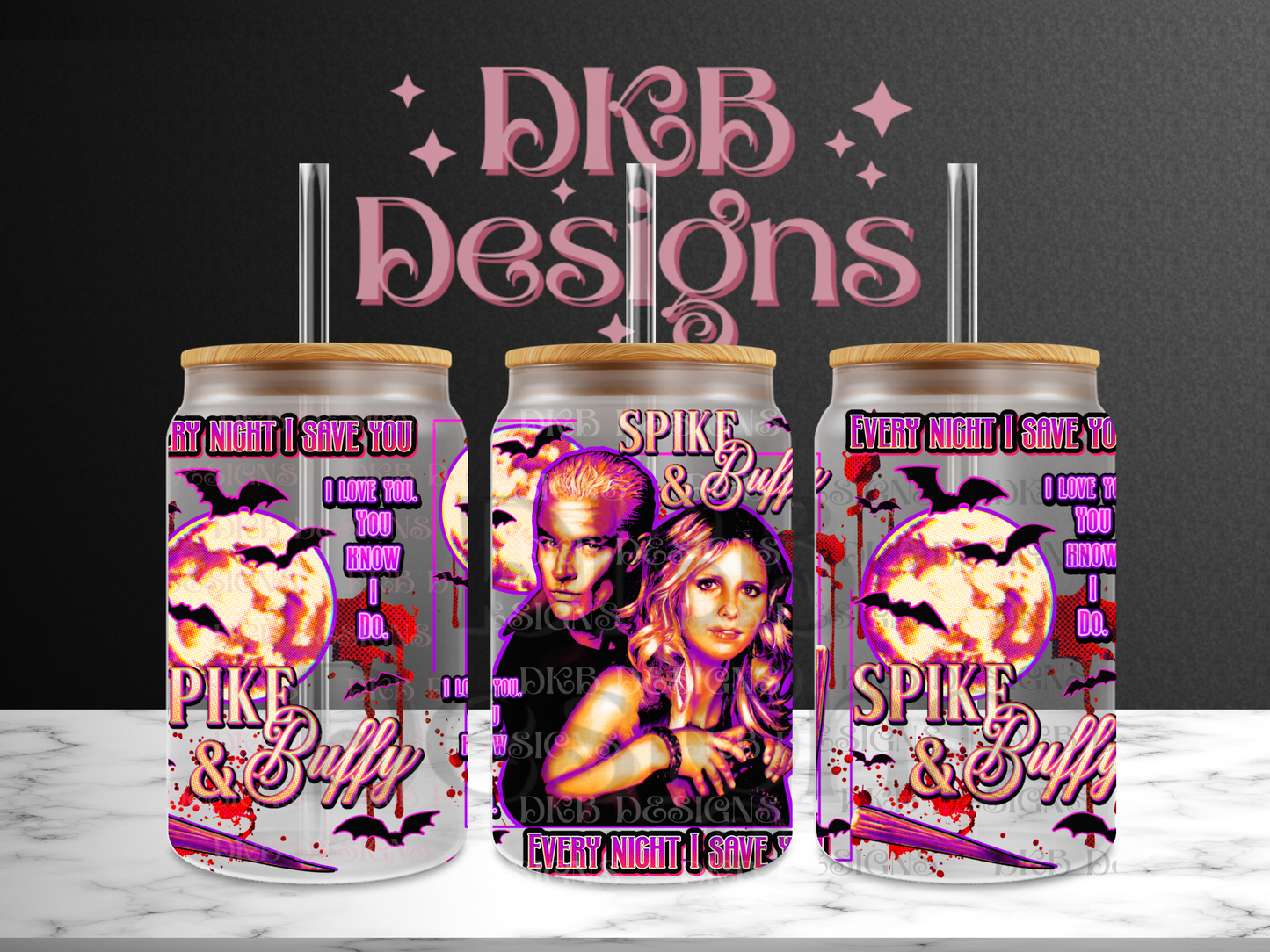 SpikeBuffy 16oz glass can UV DTF