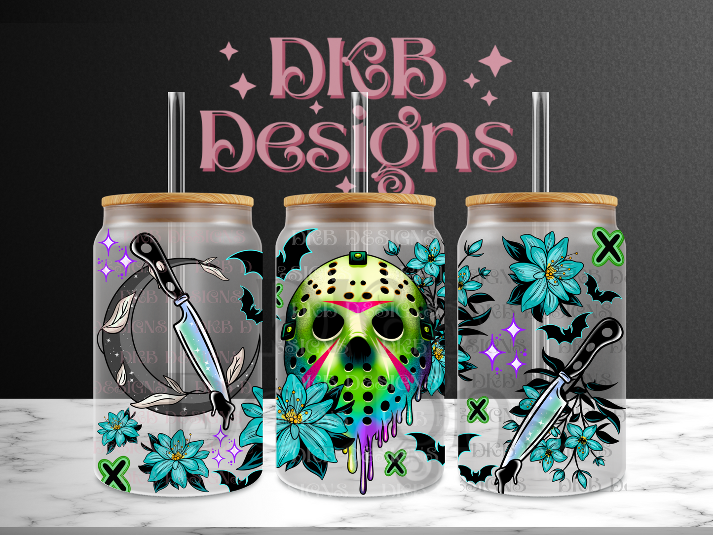 Floral horror 16oz glass can UV DTF