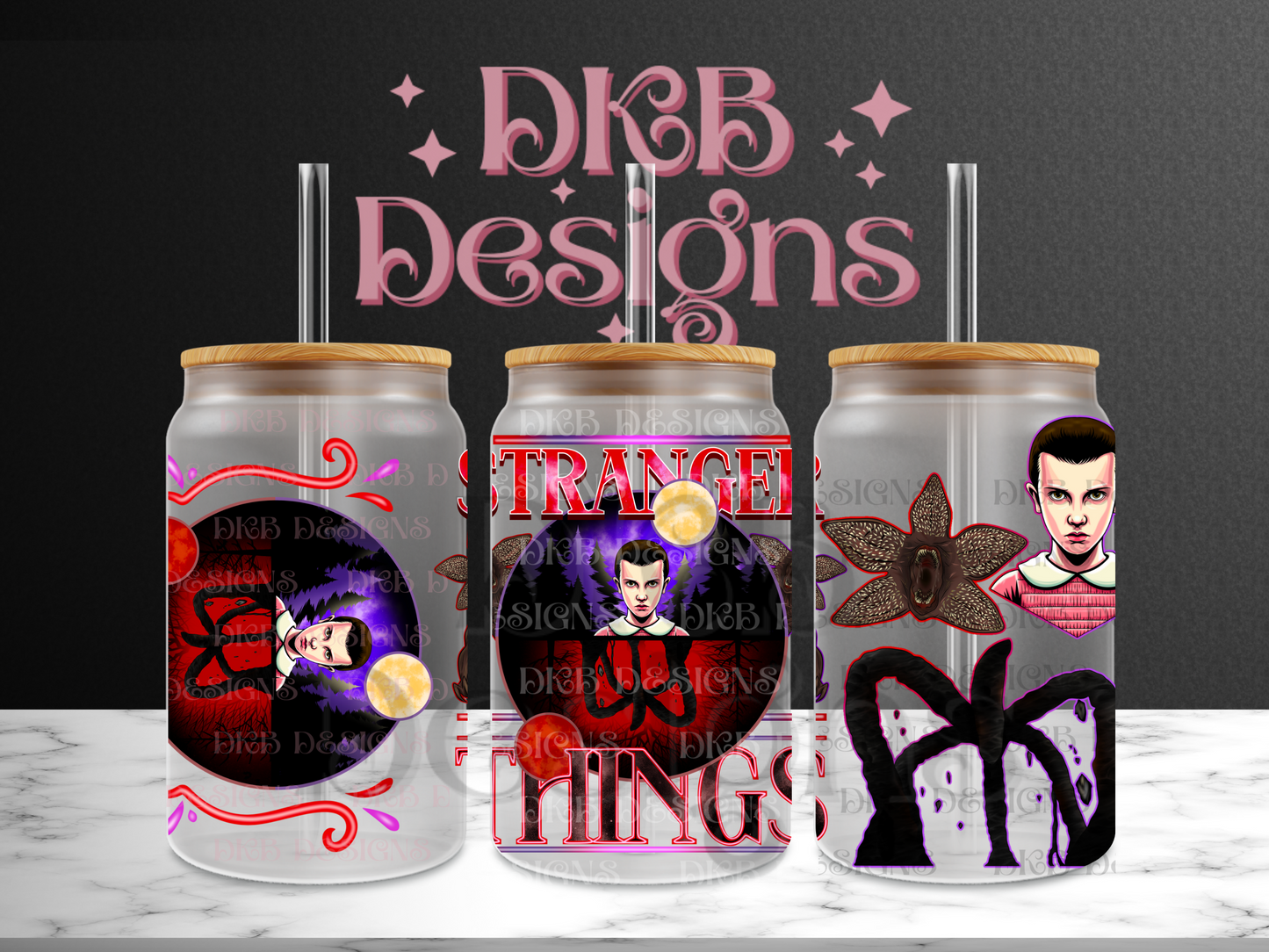 Stranger 16oz glass can UV DTF