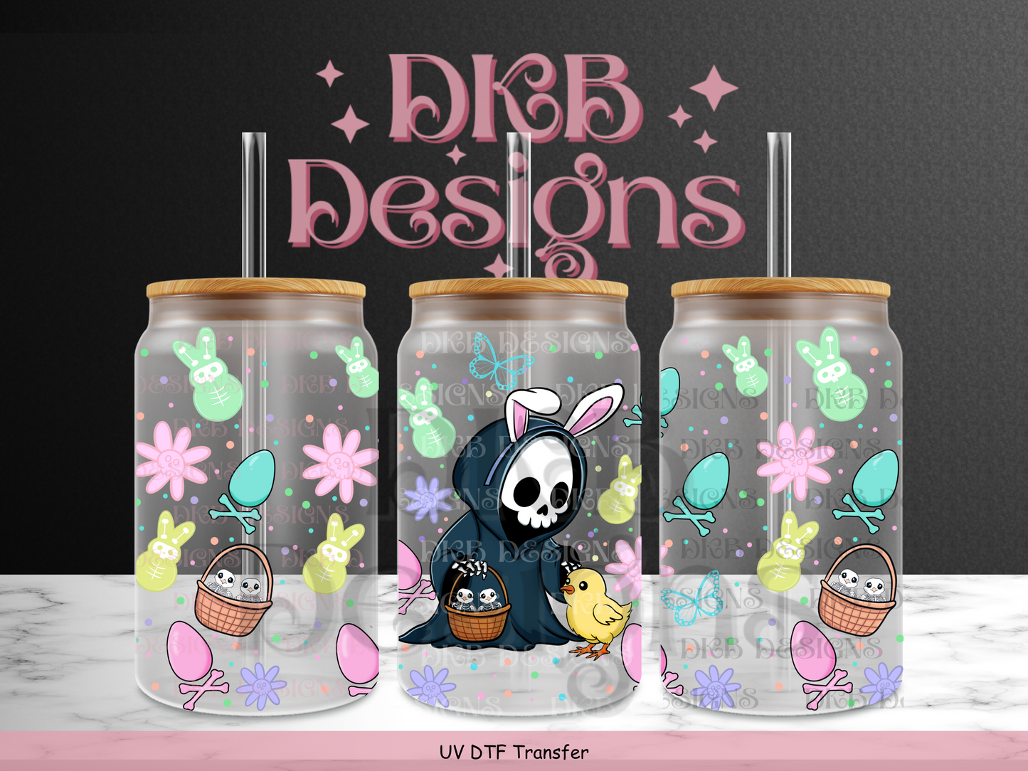 Easter Grim 16oz glass can UV DTF