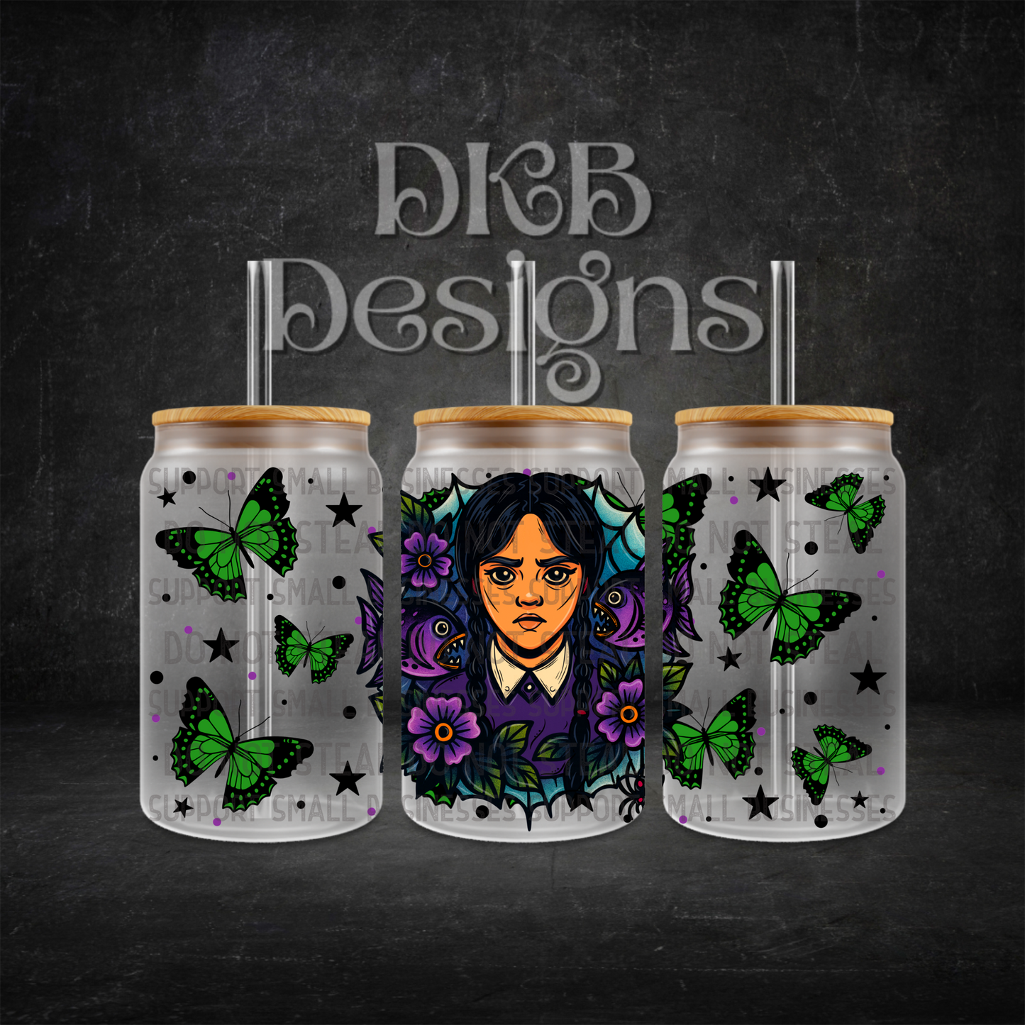 Wednesday piranha 16oz glass can UV DTF