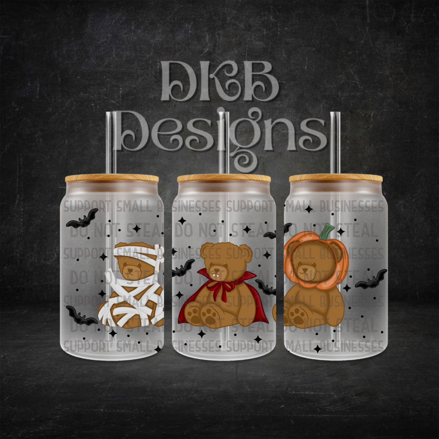 Spooky bears black 16oz glass can UV DTF