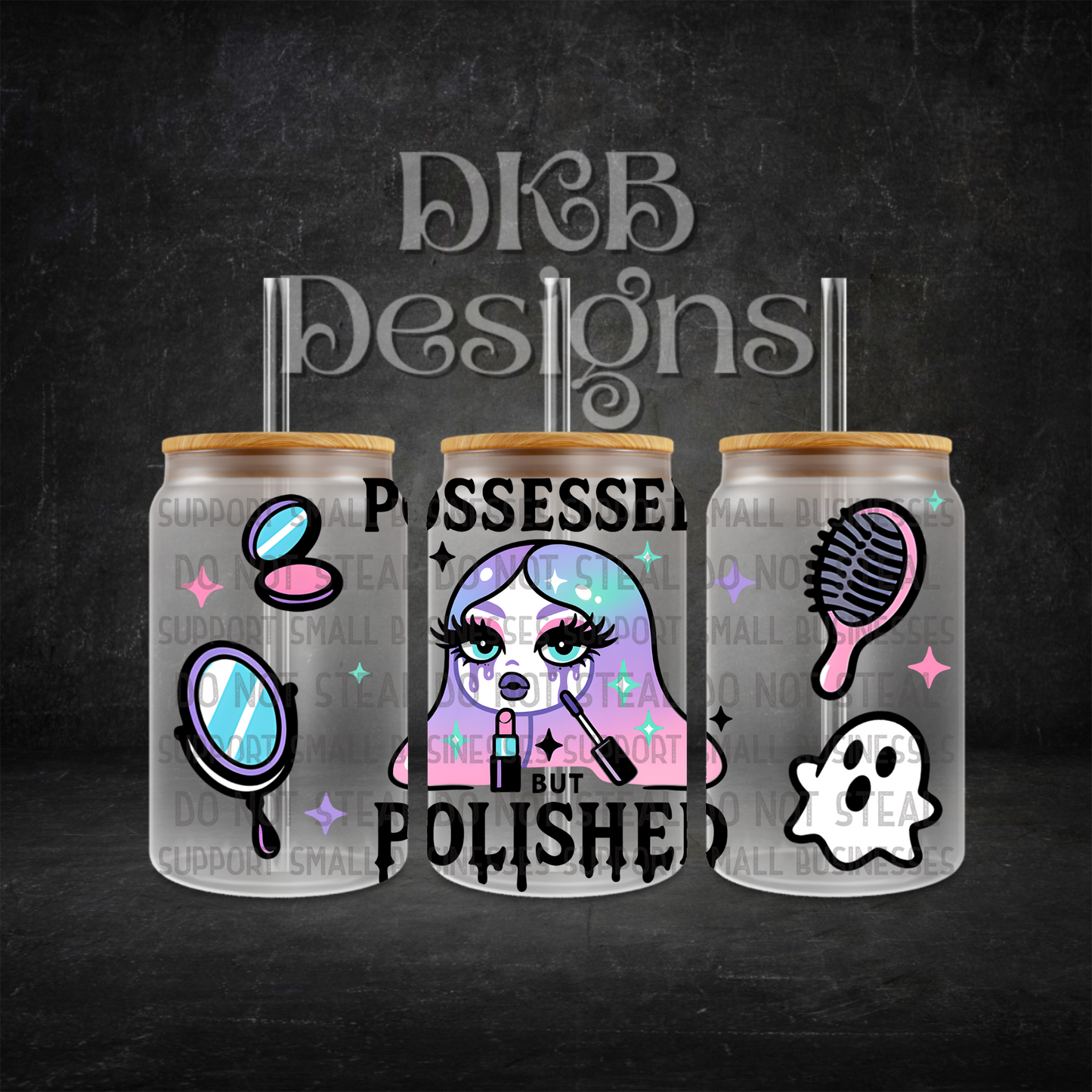 Possessed but polished 16oz glass can UV DTF