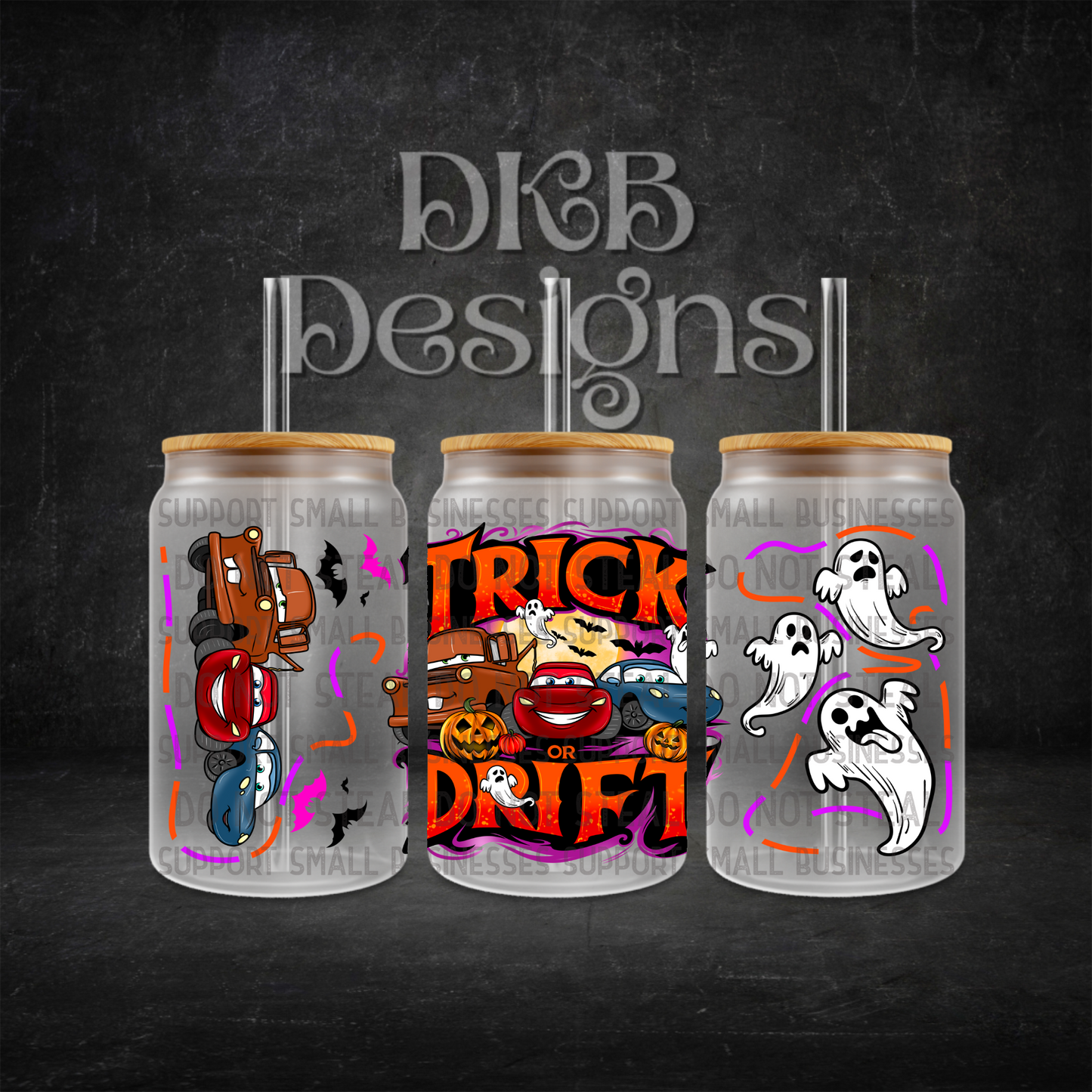 Trick or drift 16oz glass can UV DTF