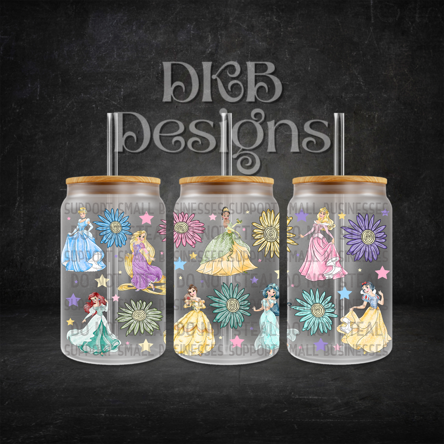 Floral princess 16oz glass can UV DTF