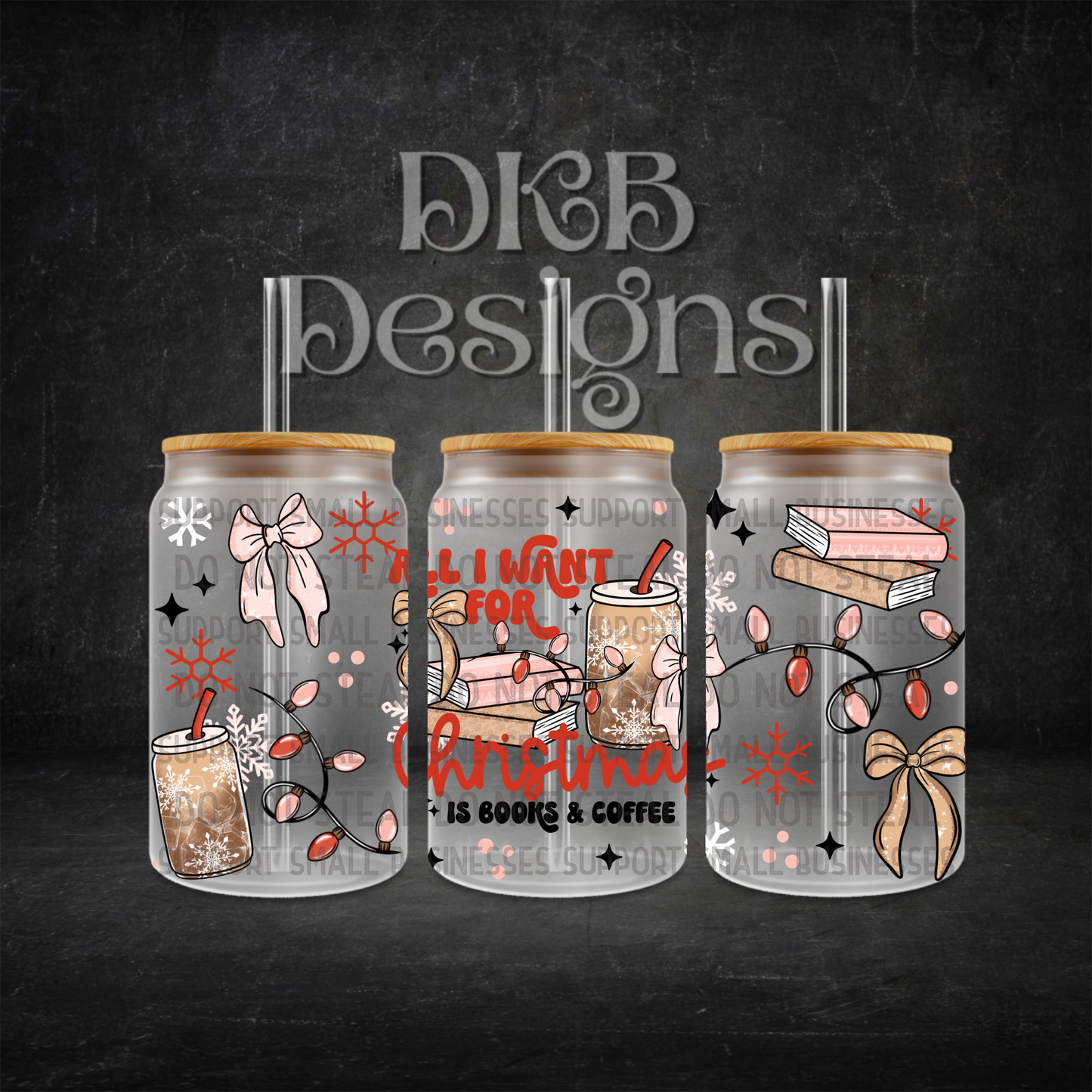 Christmas Books & coffee 16oz glass can UV DTF