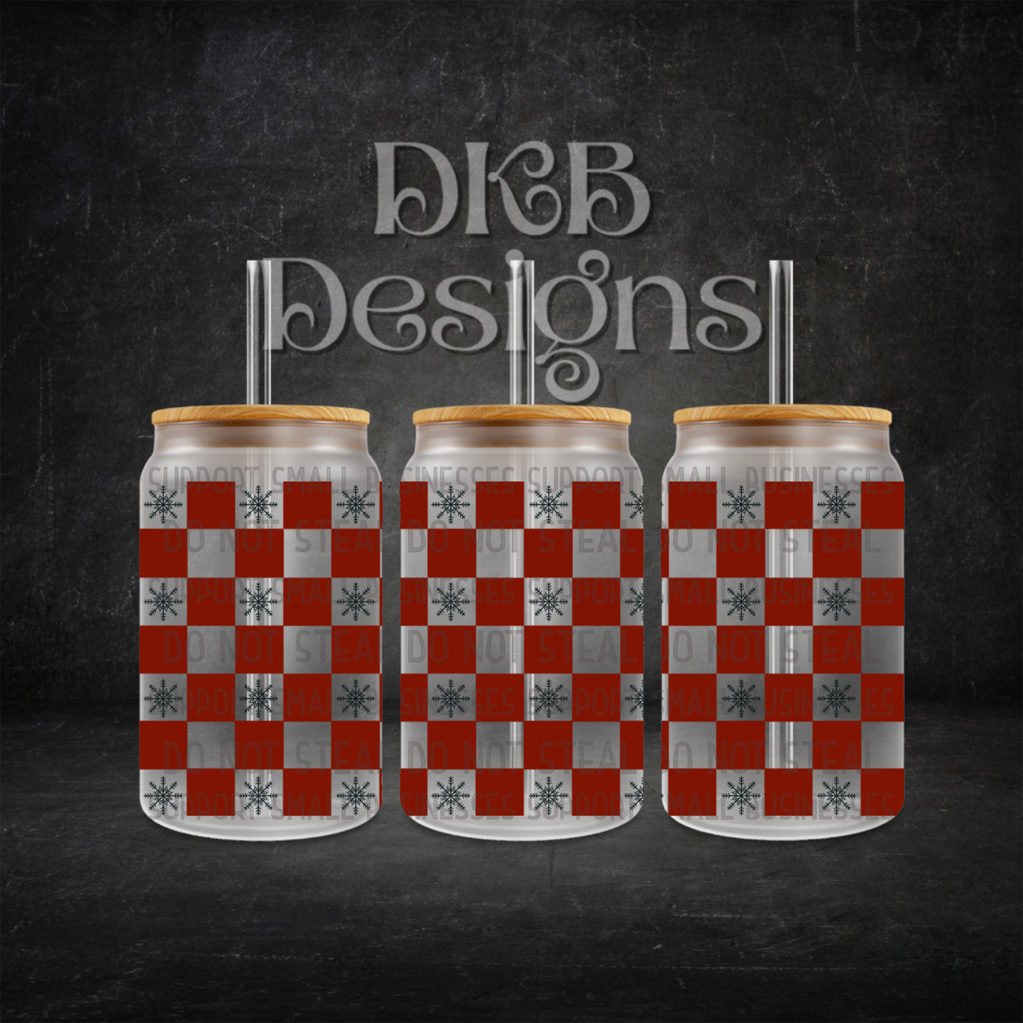 Checker black snowflakes 16oz glass can UV DTF