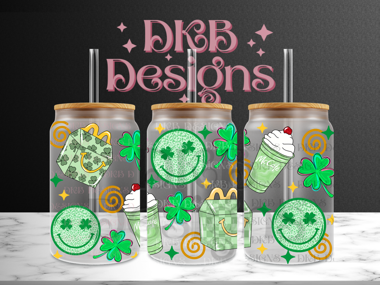 Shamrock happy 16oz glass can UV DTF