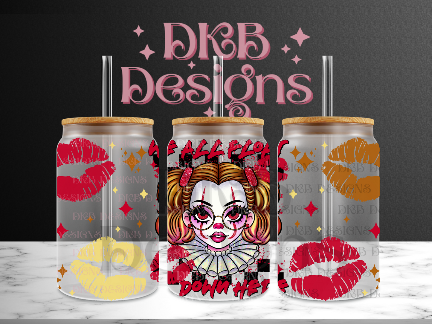 Girl clown 16oz glass can UV DTF