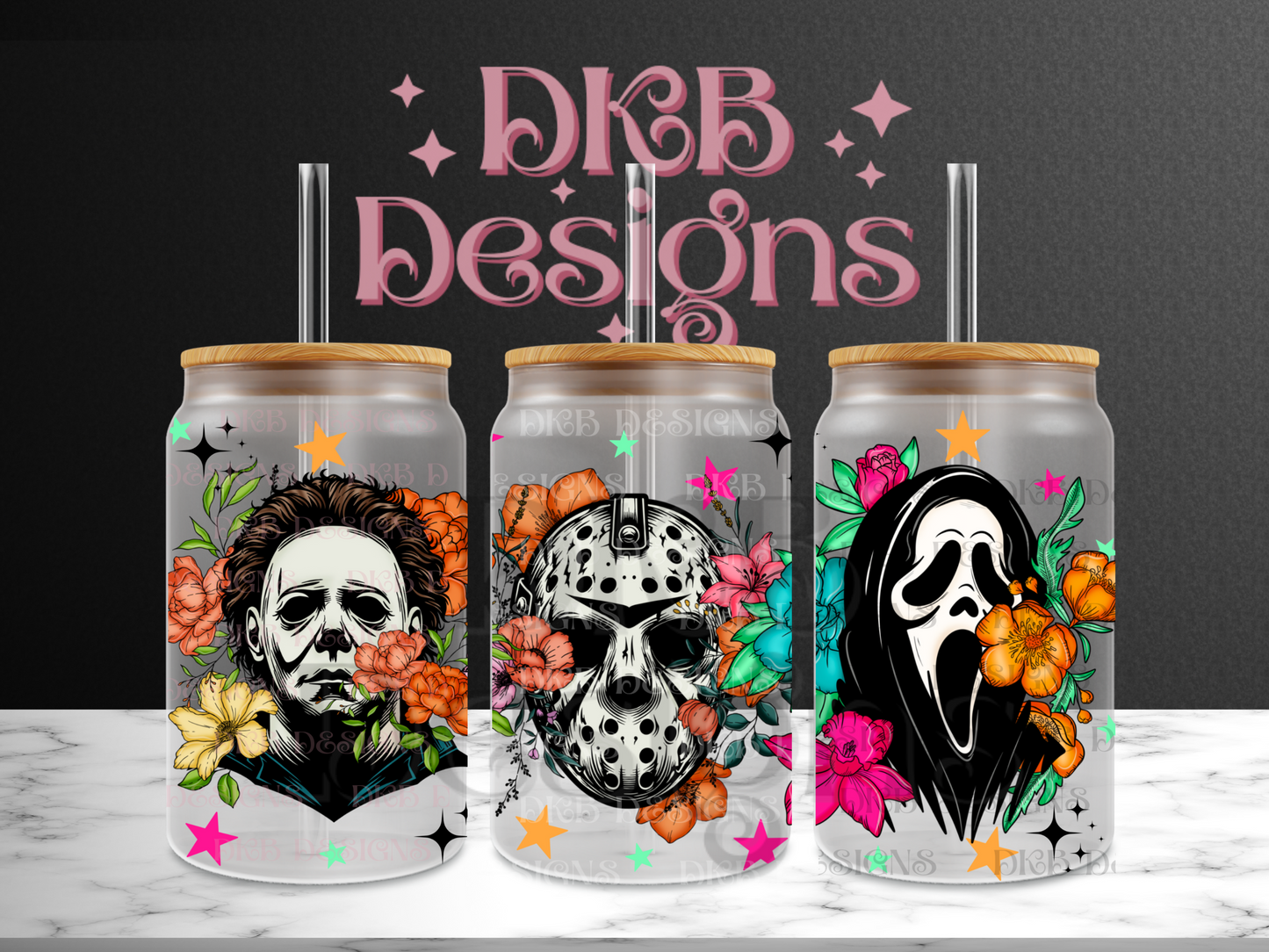 Horror florals 16oz glass can UV DTF