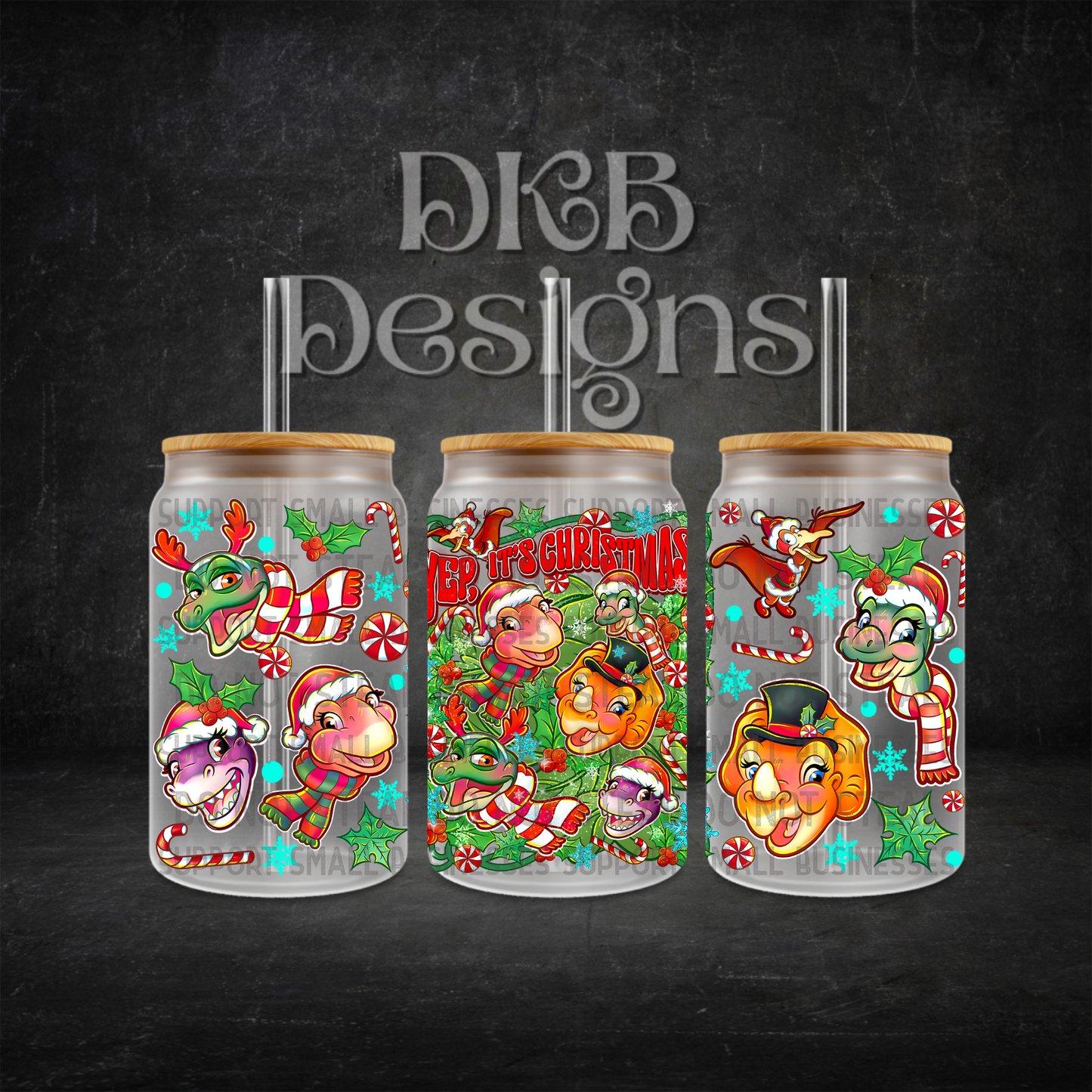 Christmas dinos 16oz glass can UV DTF