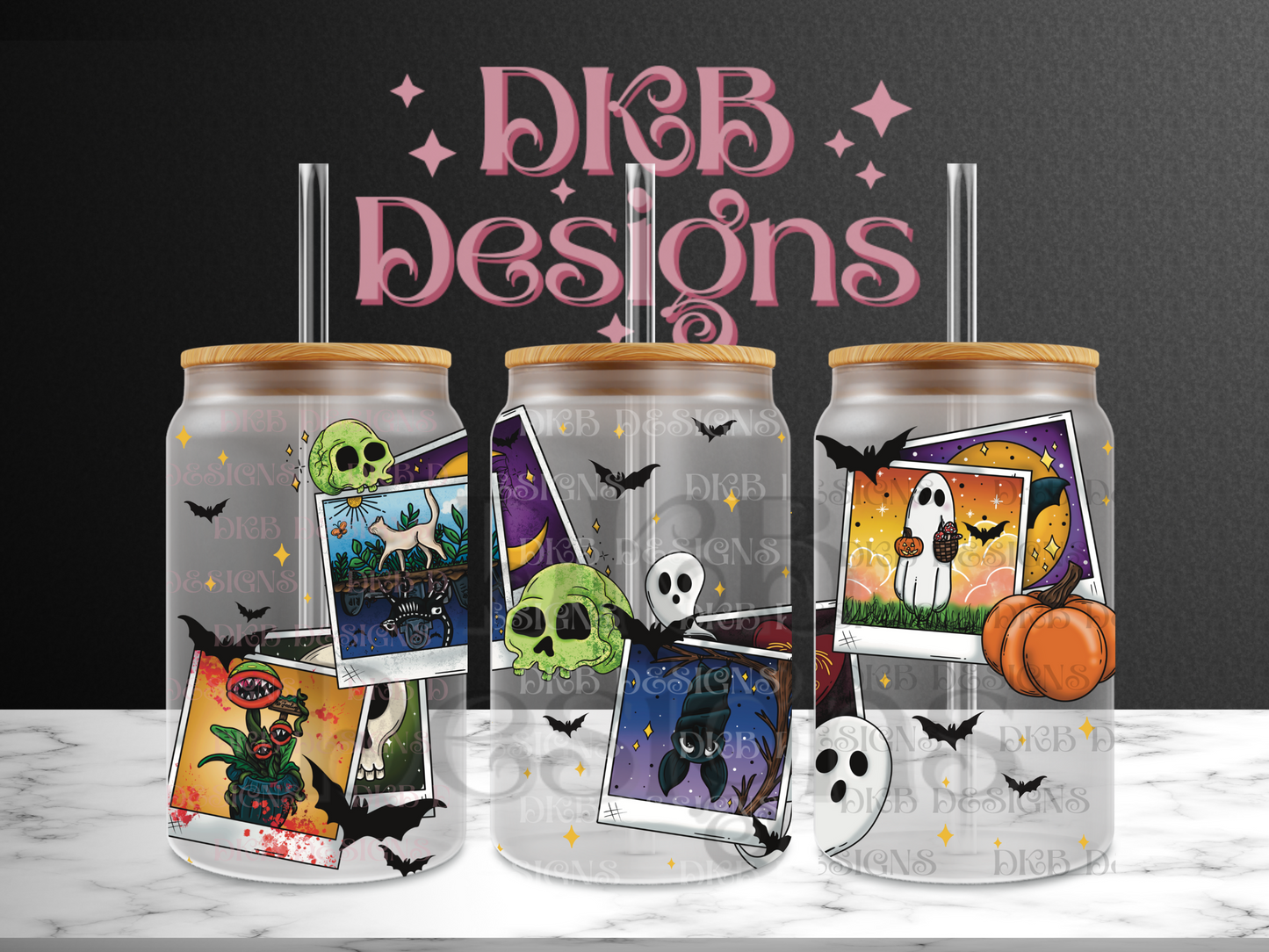 Spooky polaroids 16oz glass can UV DTF