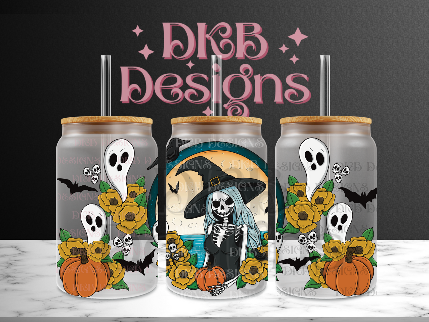 Skellie witch 16oz glass can UV DTF