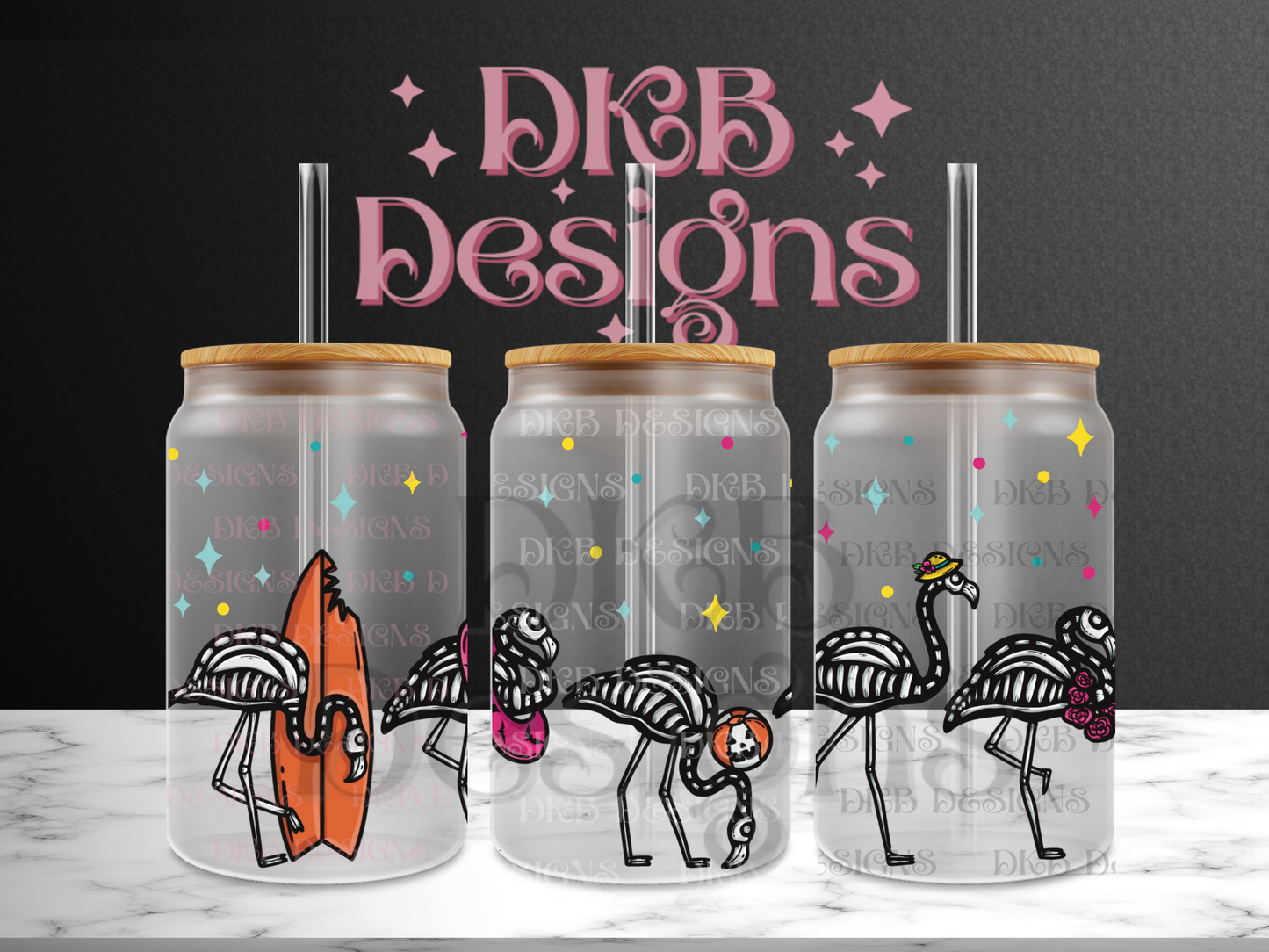 Skellie flamingos 16oz glass can UV DTF