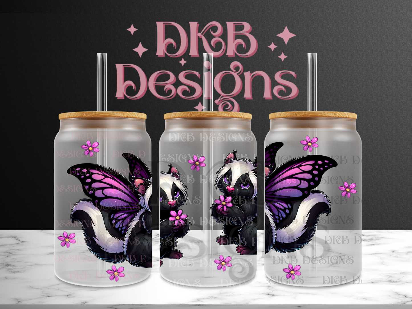 Skunks with wings 16oz glass can UV DTF