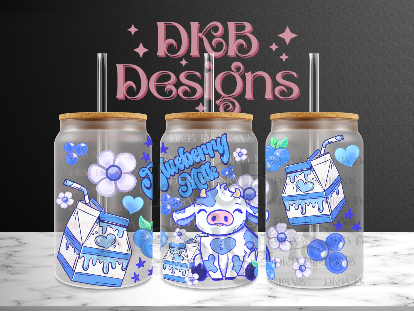 Blueberry milk Cow 16oz glass can UV DTF