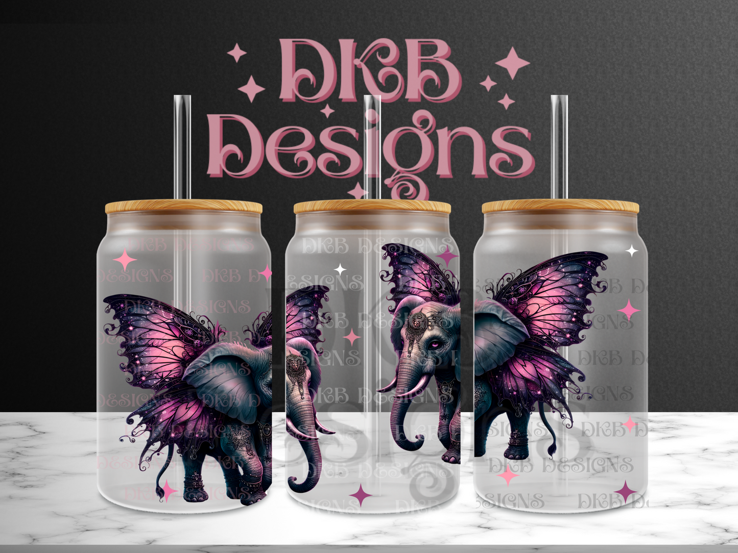 Elephants with wings 16oz glass can UV DTF