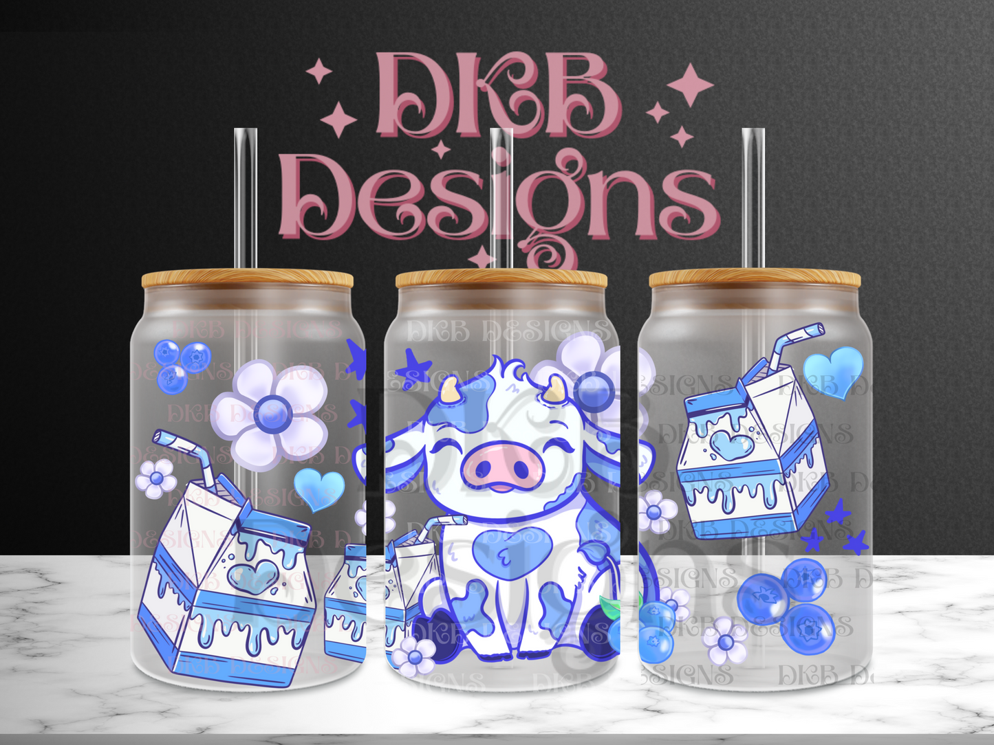 Blueberry Cow 16oz glass can UV DTF