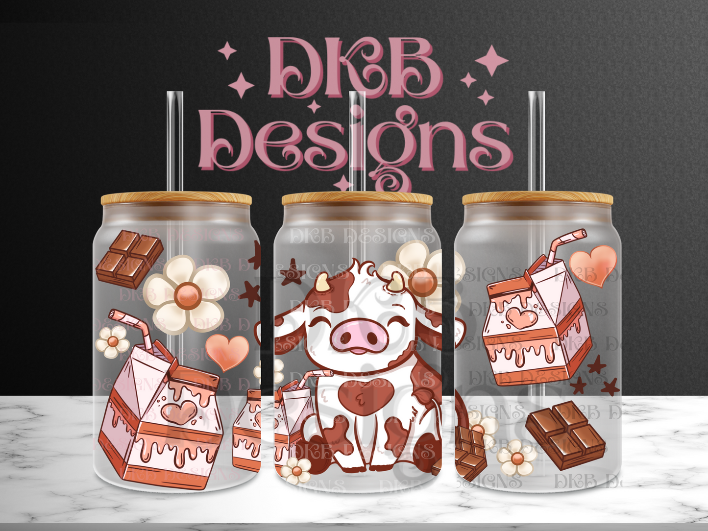 Chocolate Cow 16oz glass can UV DTF