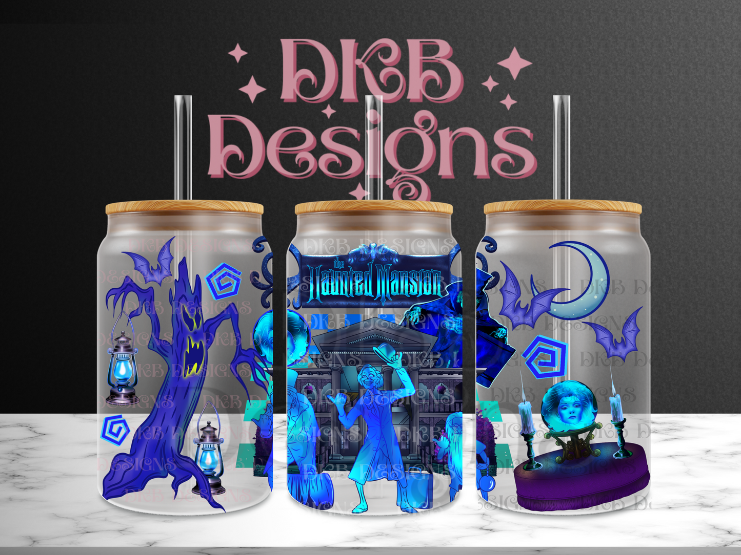 Haunted mansion 16oz glass can UV DTF