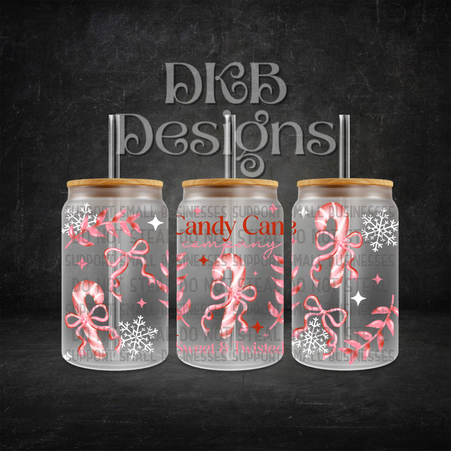Candy cane company 16oz glass can UV DTF