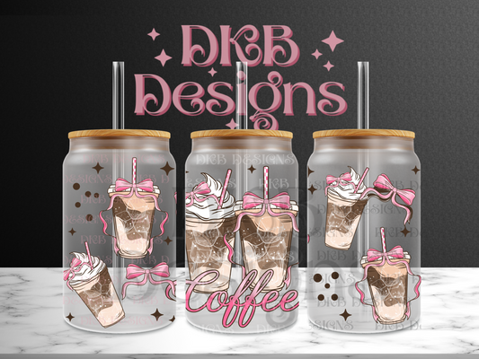 Pink coffee bows 16oz glass can UV DTF
