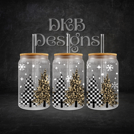Checker cheetah trees 16oz glass can UV DTF