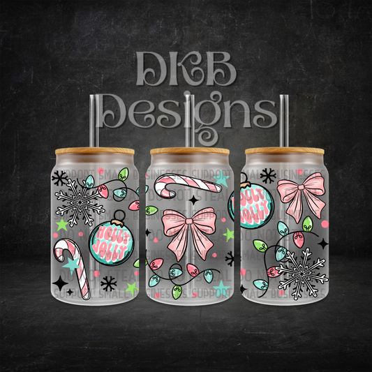 Holly jolly 16oz glass can UV DTF