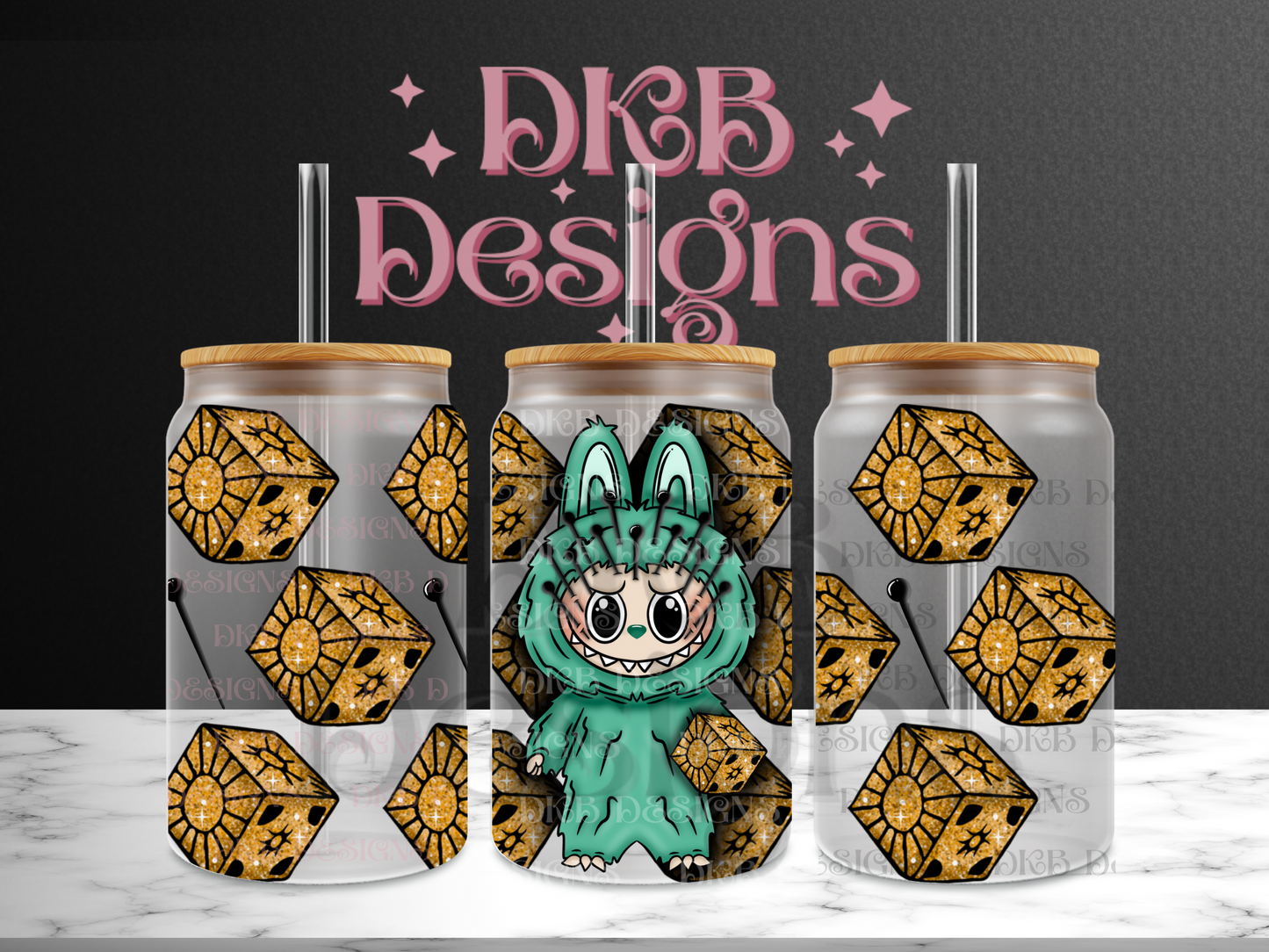 Horror monsters pin faux glitter 16oz glass can UV DTF