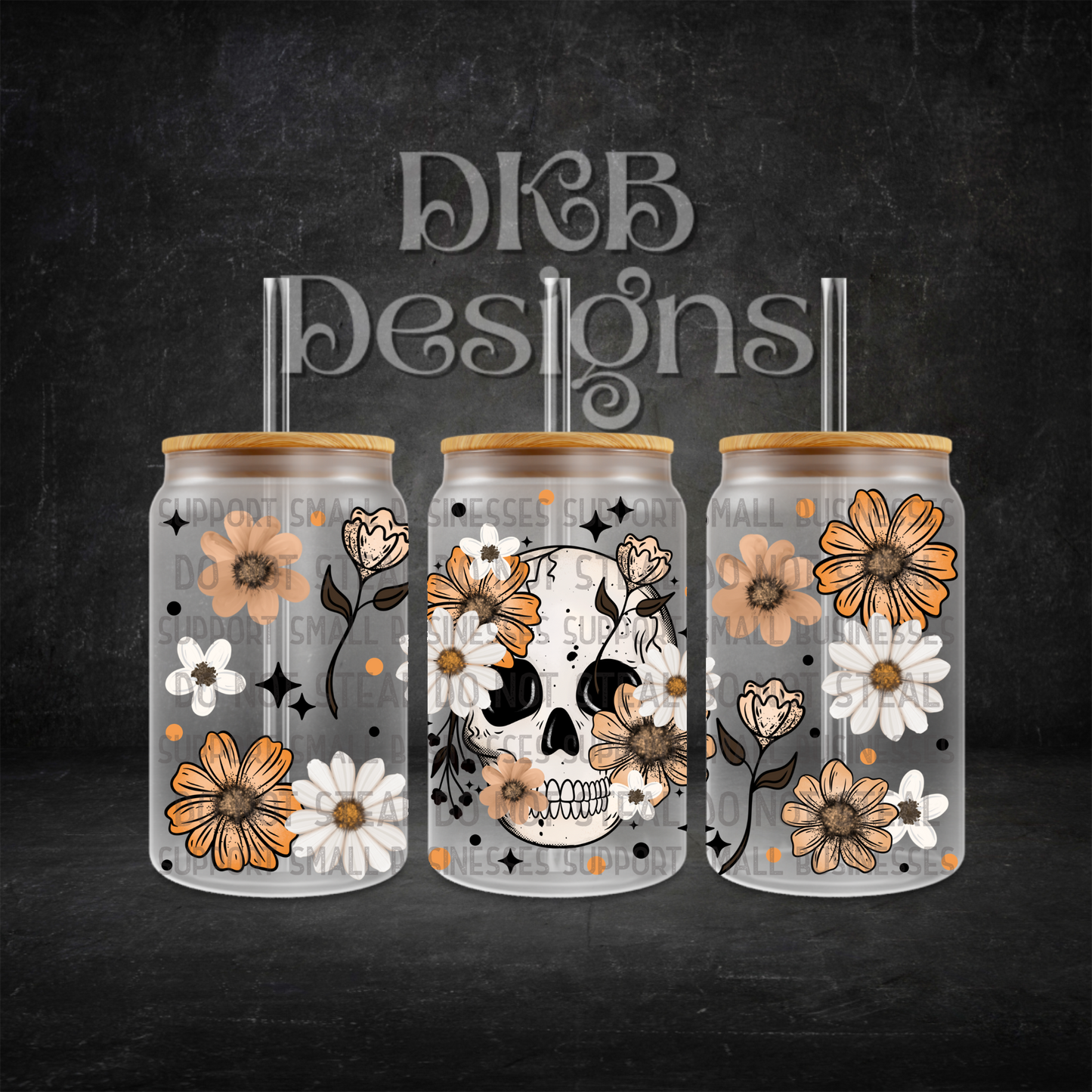 Orange floral skull 16oz glass can UV DTF