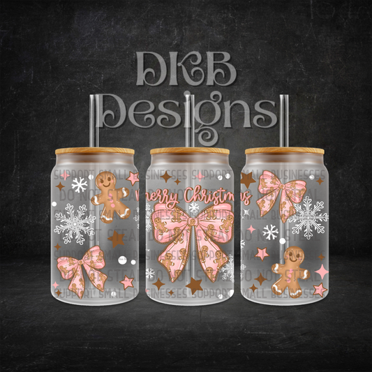 Gingerbread bow 16oz glass can UV DTF