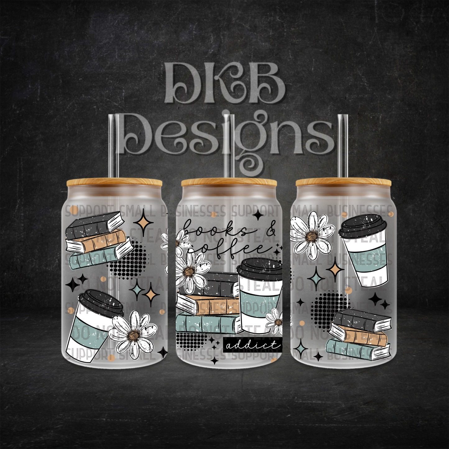 Books and coffee addict 16oz glass can UV DTF