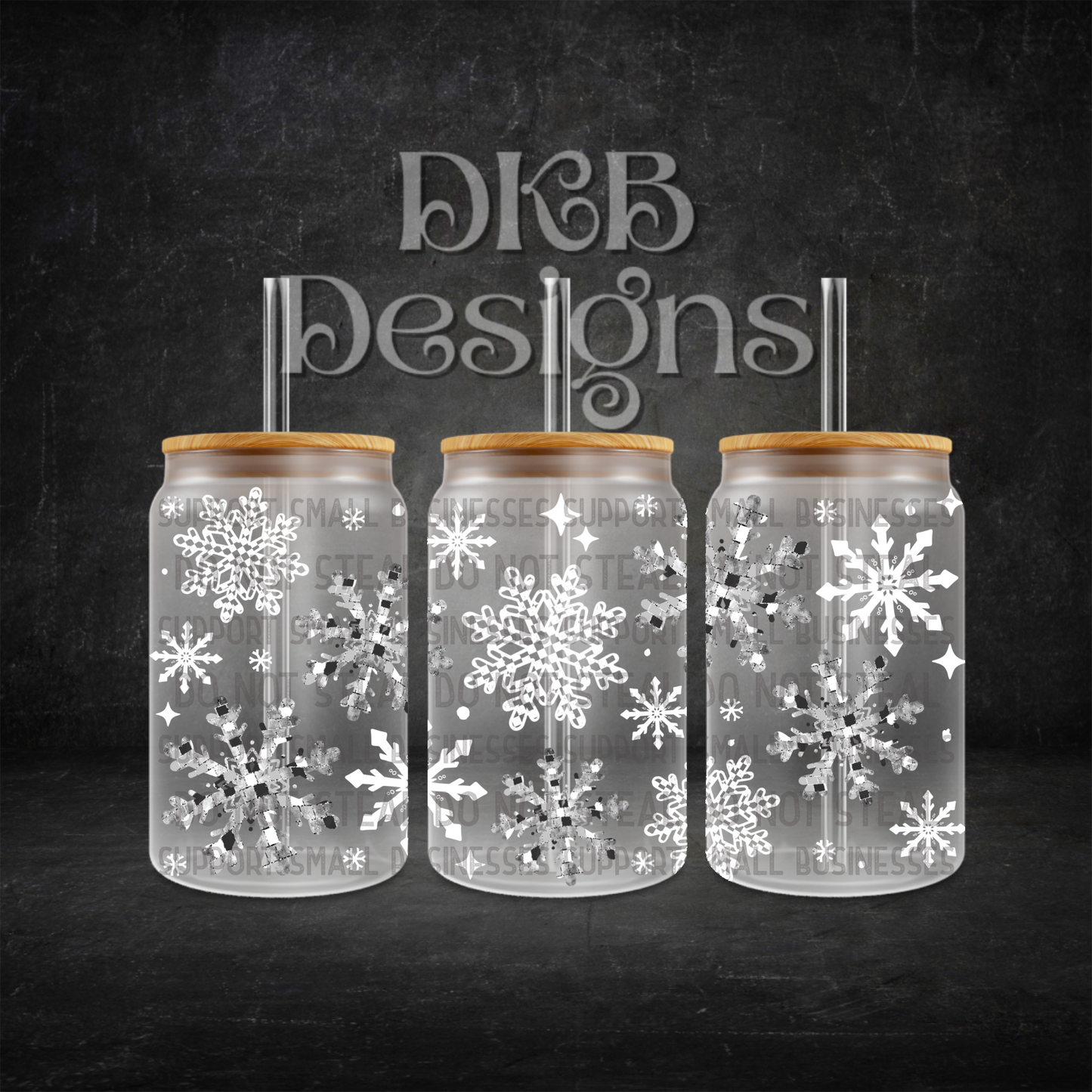 Snow flakes 16oz glass can UV DTF
