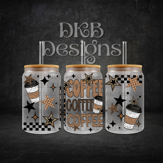 Coffee repeated 16oz glass can UV DTF