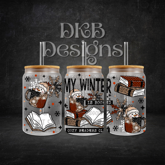 My winter is booked 16oz glass can UV DTF