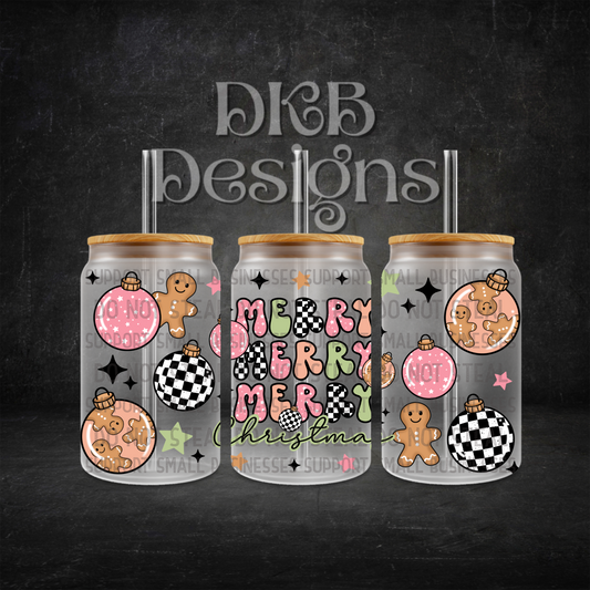 Pink merry Christmas 16oz glass can UV DTF